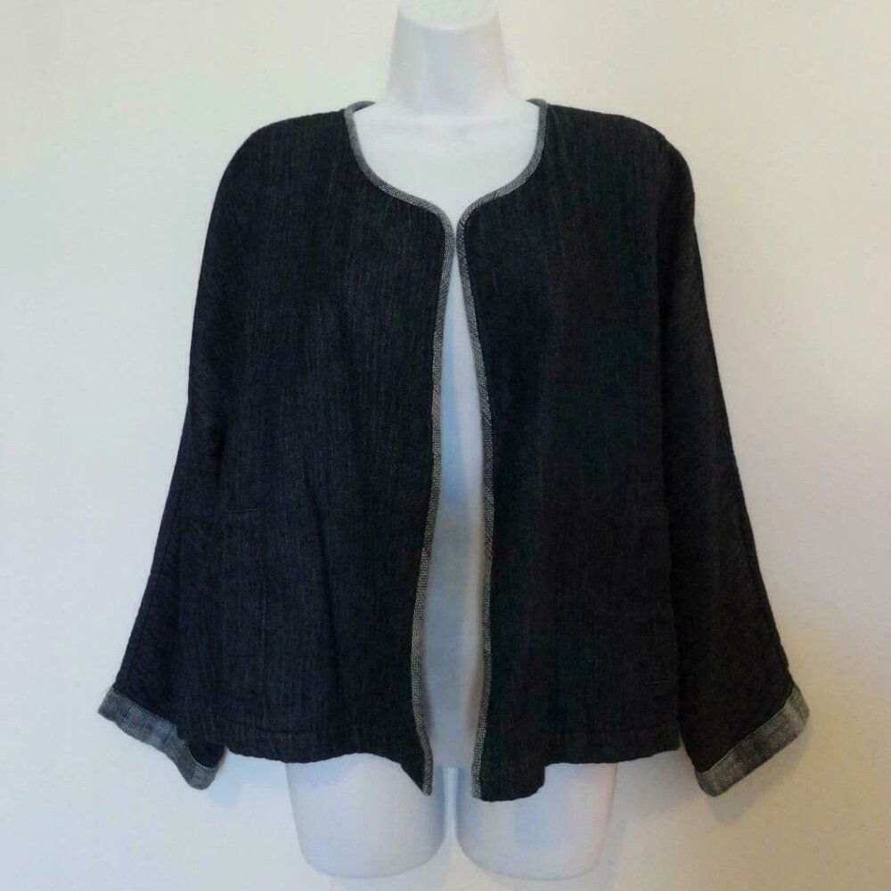 NWT EILEEN FISHER Denim Cotton Indigo Doubleweave Open Round Neck Short Jacket L
